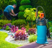 Garden Pest Control Spray and Male Gardener in the Background. Spraying Pesticides in a Garden. Gardening Theme.